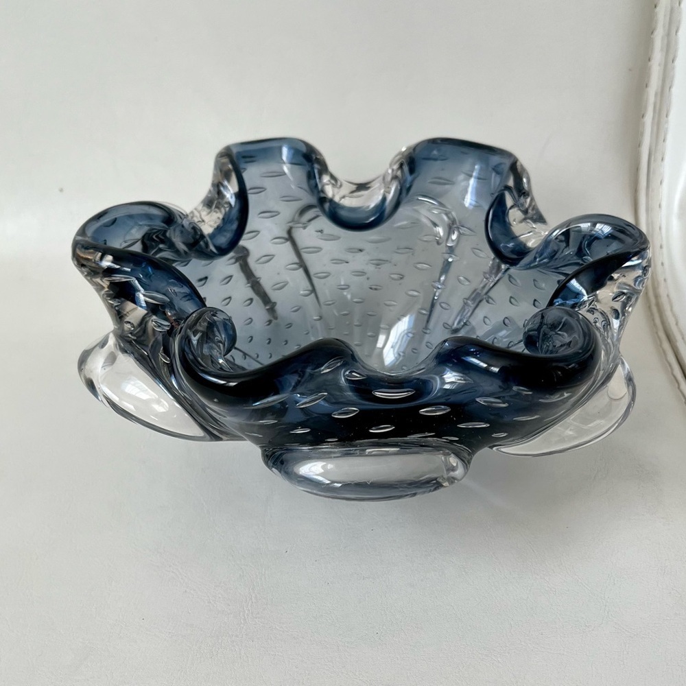 Vintage Murano Italy Ruffled Gray Bubble Infused Glass Bowl.